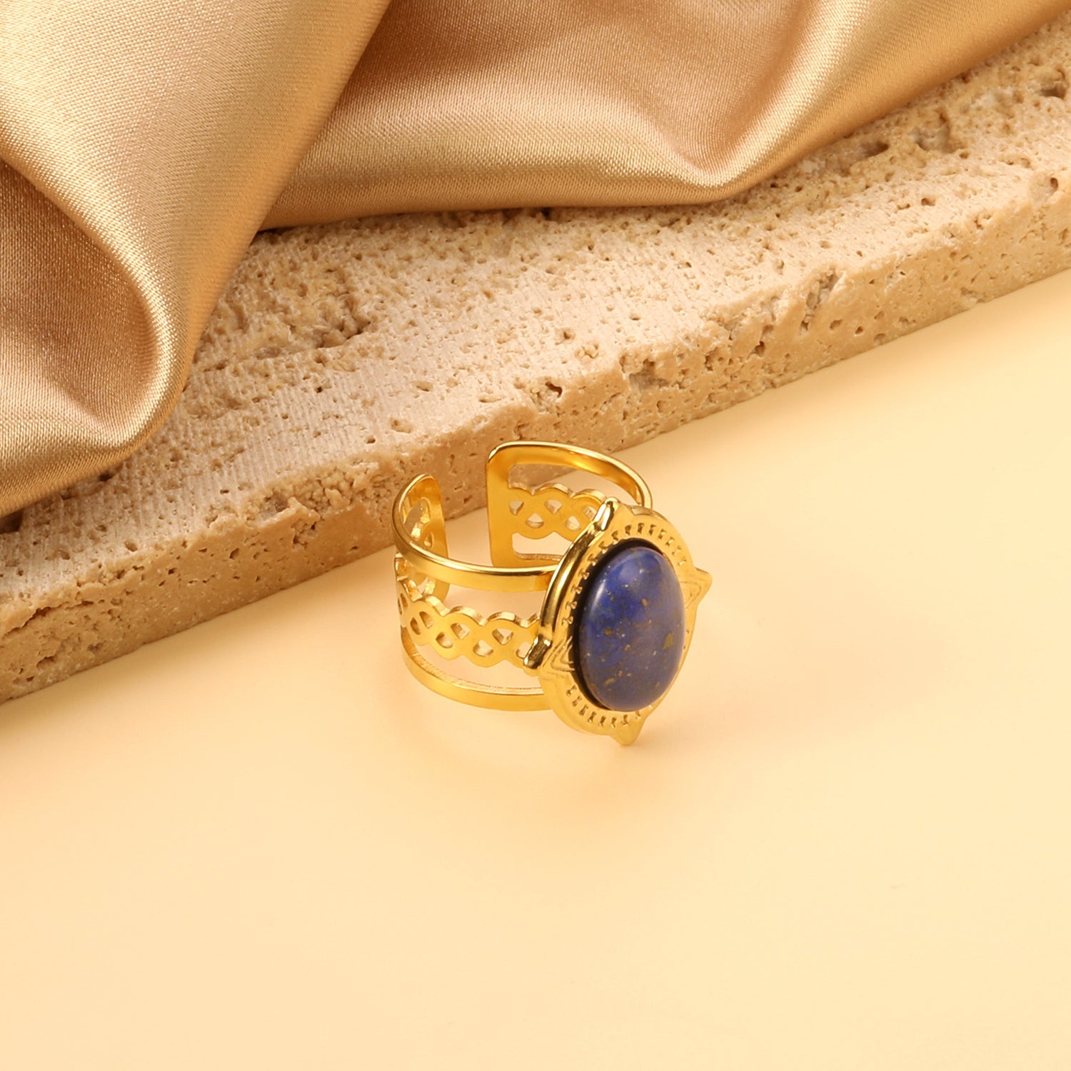 Open Oval Band with Blue Natural Stone Ring asonjewelry