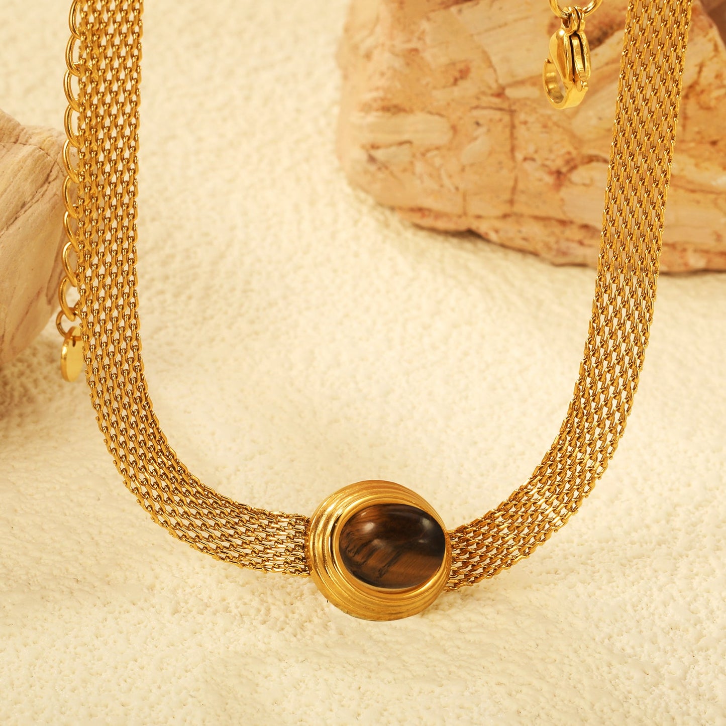 14*17mm Oval with white cat's eye/tiger eye pendant Thick 1*Wide 6mm Mesh Chain 40+5cm+6mm Round Necklace Golden asonjewelry