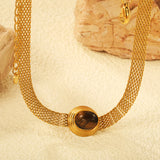 14*17mm Oval with white cat's eye/tiger eye pendant Thick 1*Wide 6mm Mesh Chain 40+5cm+6mm Round Necklace Golden