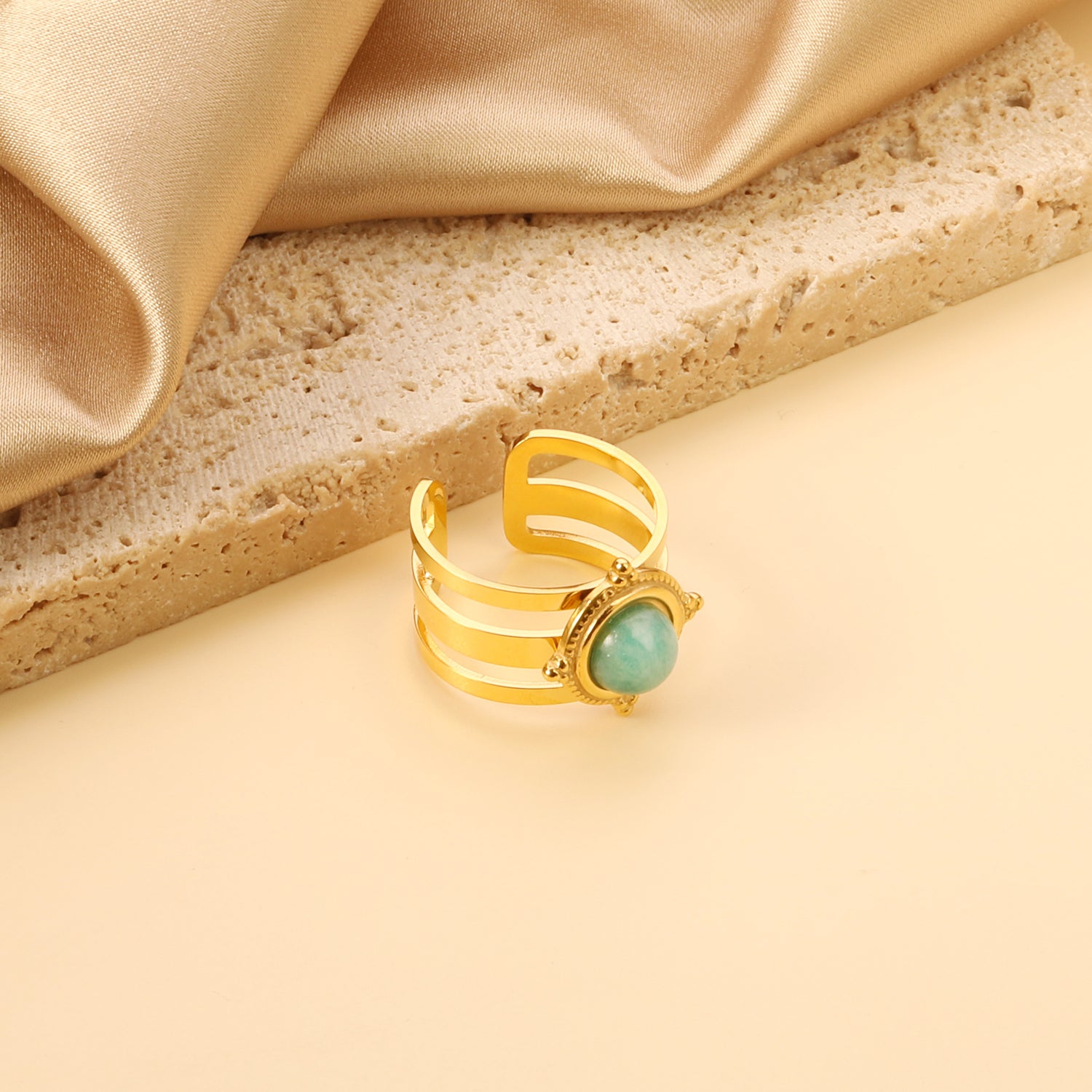 Open Band & 4 Small Lychees & Spherical Natural Stone Ring asonjewelry
