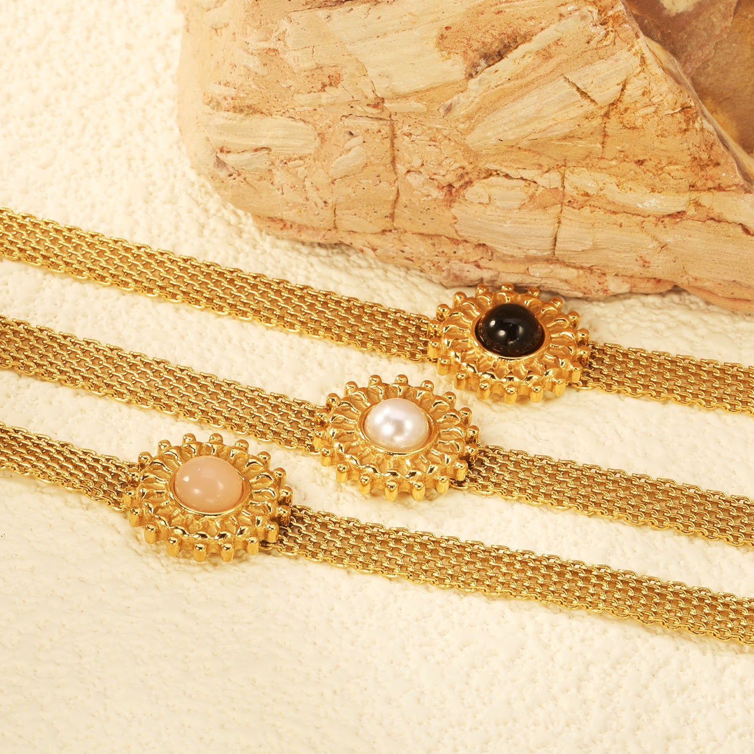 15mm round with imitation white pearl/pink crystal/tiger's eye accessories Thick 1*Width 6mm mesh chain 18+3cm+6mm round plaque Bracelet gold color asonjewelry