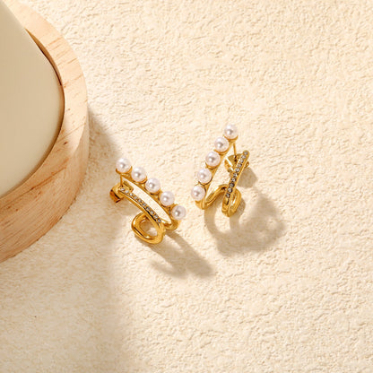 10.5*22mm French Openwork White Imitation Pearl + White Diamond Stud Earrings, Gold asonjewelry