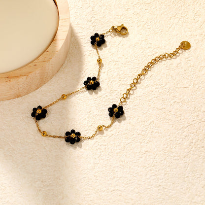 0.3 cross chain ¡Á3mm steel beads ¡Á9 + 8*8.6mm black bead flower pendant , bracelet, steel/gold asonjewelry