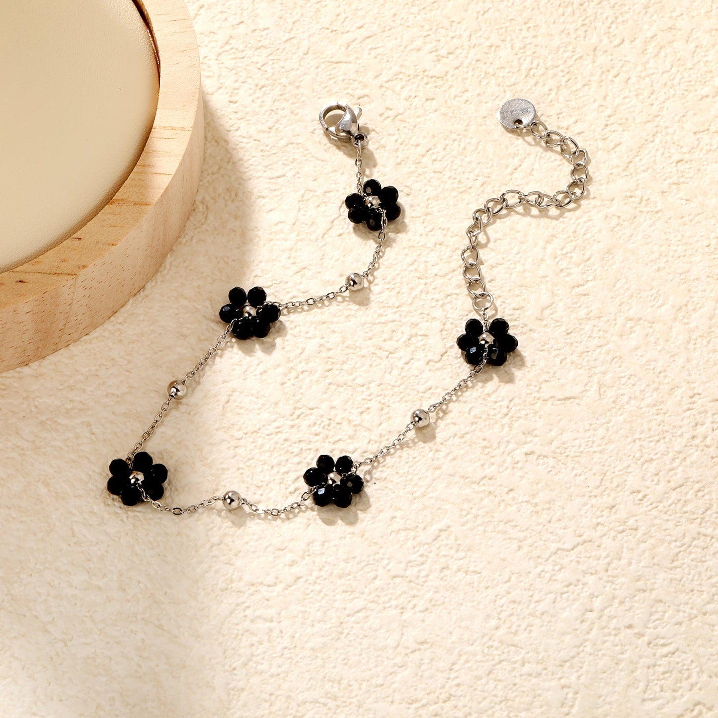 0.3 cross chain ¡Á3mm steel beads ¡Á9 + 8*8.6mm black bead flower pendant , bracelet, steel/gold asonjewelry