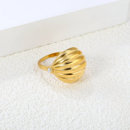 18K Gold Plated Stainless Steel Vertical Striped Arch Ring - Pearl Accented Elegant Jewelry asonjewelry