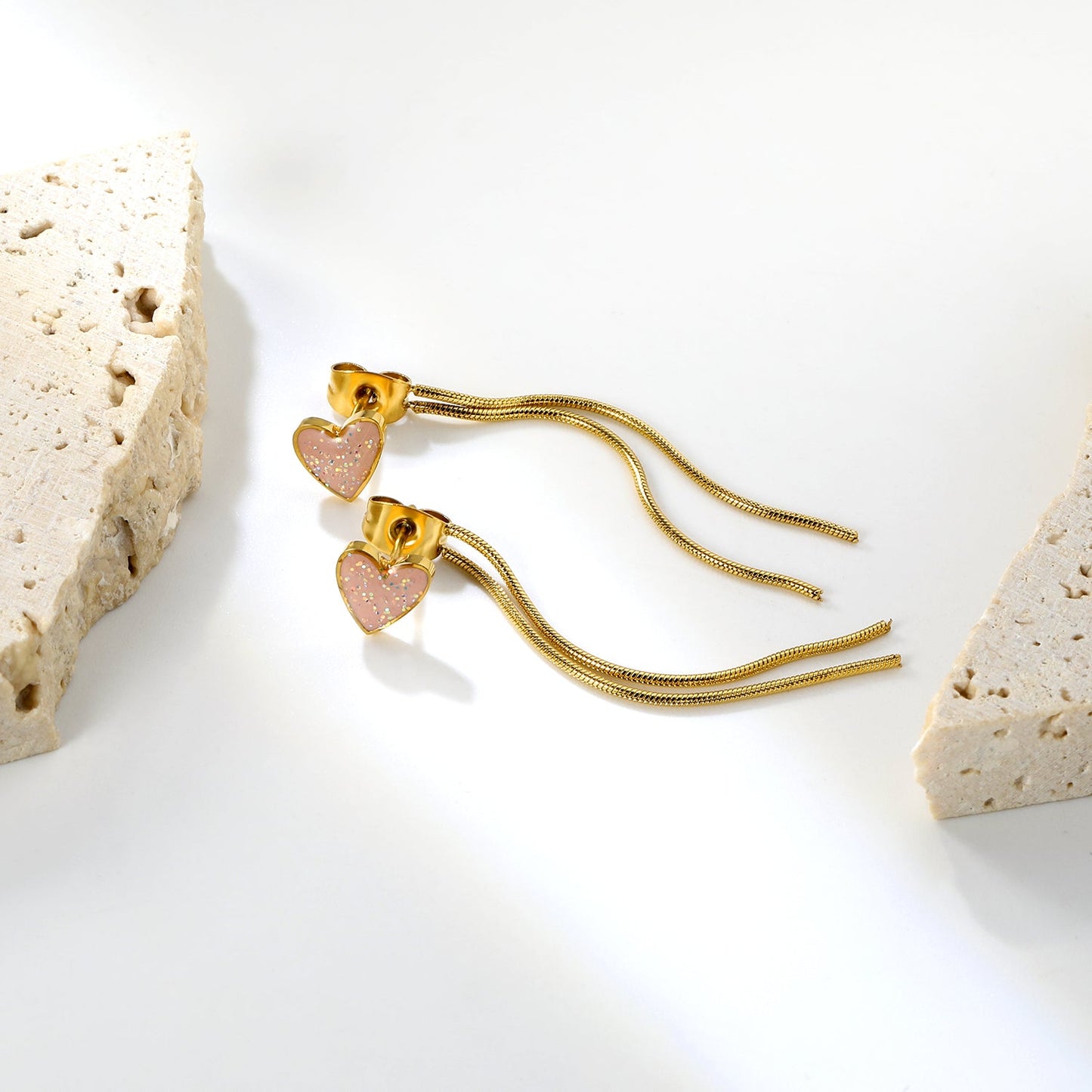 7.2*6.9mm Pink Drops Peach Heart + 0.9*40mm Round Snake Chain Tassel Earrings Gold asonjewelry