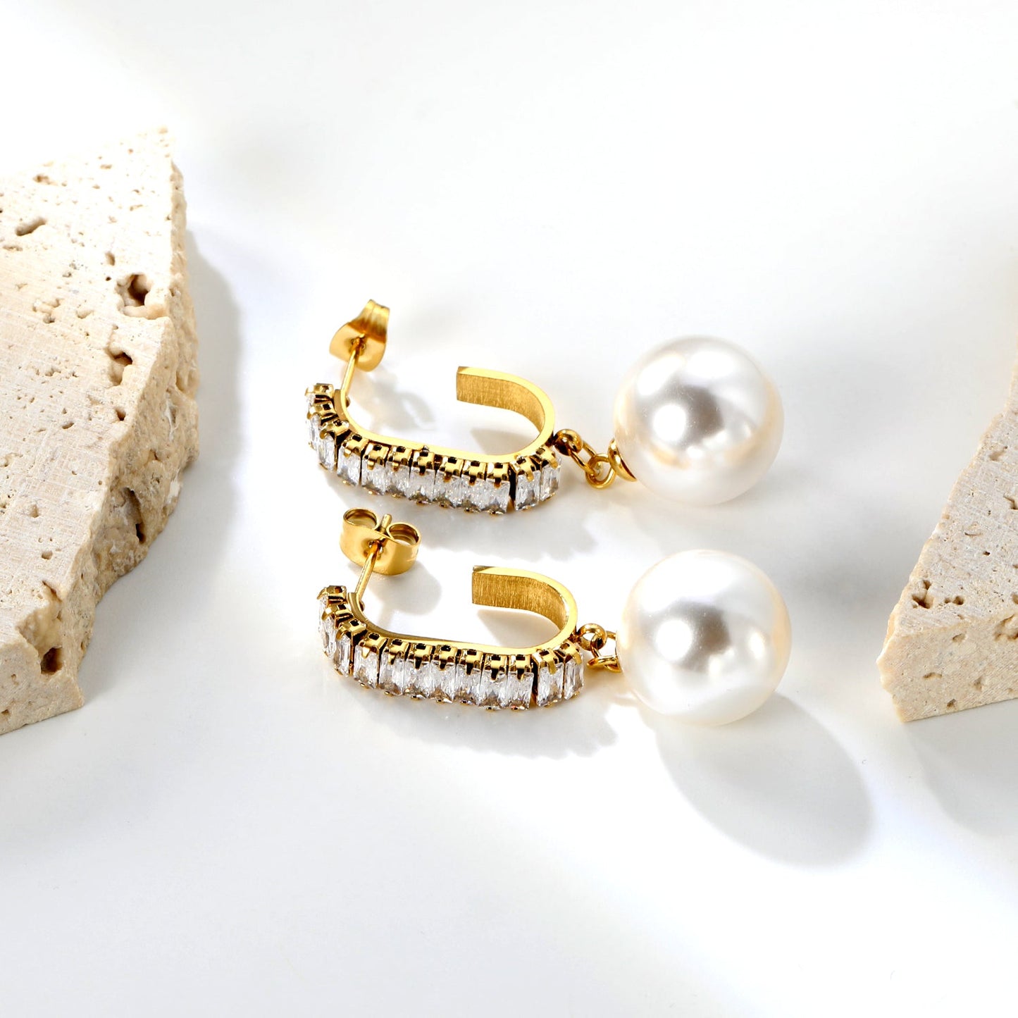 13.9mm imitation pearl pendant + 4.8*21.6mm C-shaped with white diamonds circle Earrings Golden asonjewelry