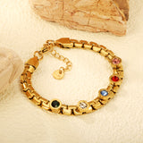 6.5mm round cake with mixed color zirconia+width 6*thick 2.8mm chain Bracelet 17cm+3cm+6mm round end tag Steel/Golden