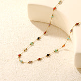 2mm Small Steel Bead + 3.2mm Colored Stone Square End Cap Necklace, Gold