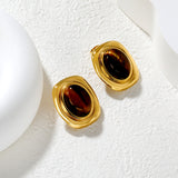 21mm x 25.1mm Oval Tiger's Eye Stud Earrings Steel/Gold