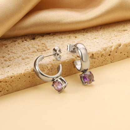 4.3*15mm C-shaped hoop with four scratches round white&black&purple&pink&green diamond stud earrings 6.2mm asonjewelry