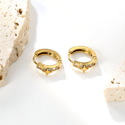 5.4 x 12mm star + half-circle imitation white Czech diamonds, earring posts 2.2 x inner diameter 10mm, gold-colored earrings asonjewelry