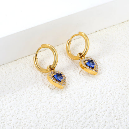 Wire 2*O.D. 14mm earrings + 9.6*10.2mm heart shaped sapphire blue glass with CNC drilling white zirconium hoops Earrings steel color/golden color asonjewelry