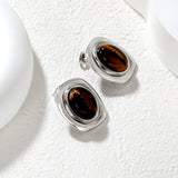 21mm x 25.1mm Oval Tiger's Eye Stud Earrings Steel/Gold