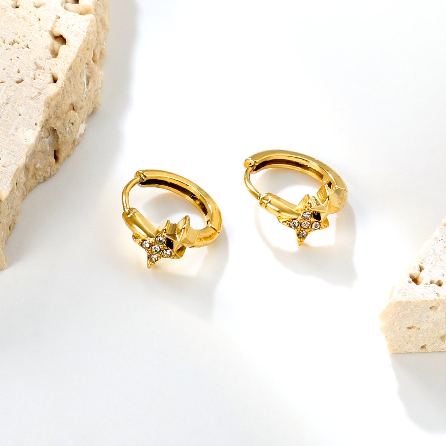 8 x 7.5mm four-pointed star imitation white Czech diamonds, earring posts 2.2 x inner diameter 10mm, gold-colored earrings asonjewelry