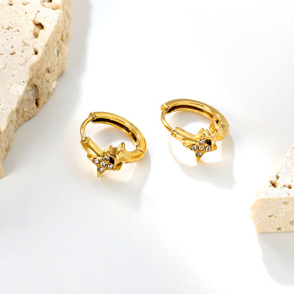 8 x 7.5mm four-pointed star imitation white Czech diamonds, earring posts 2.2 x inner diameter 10mm, gold-colored earrings asonjewelry