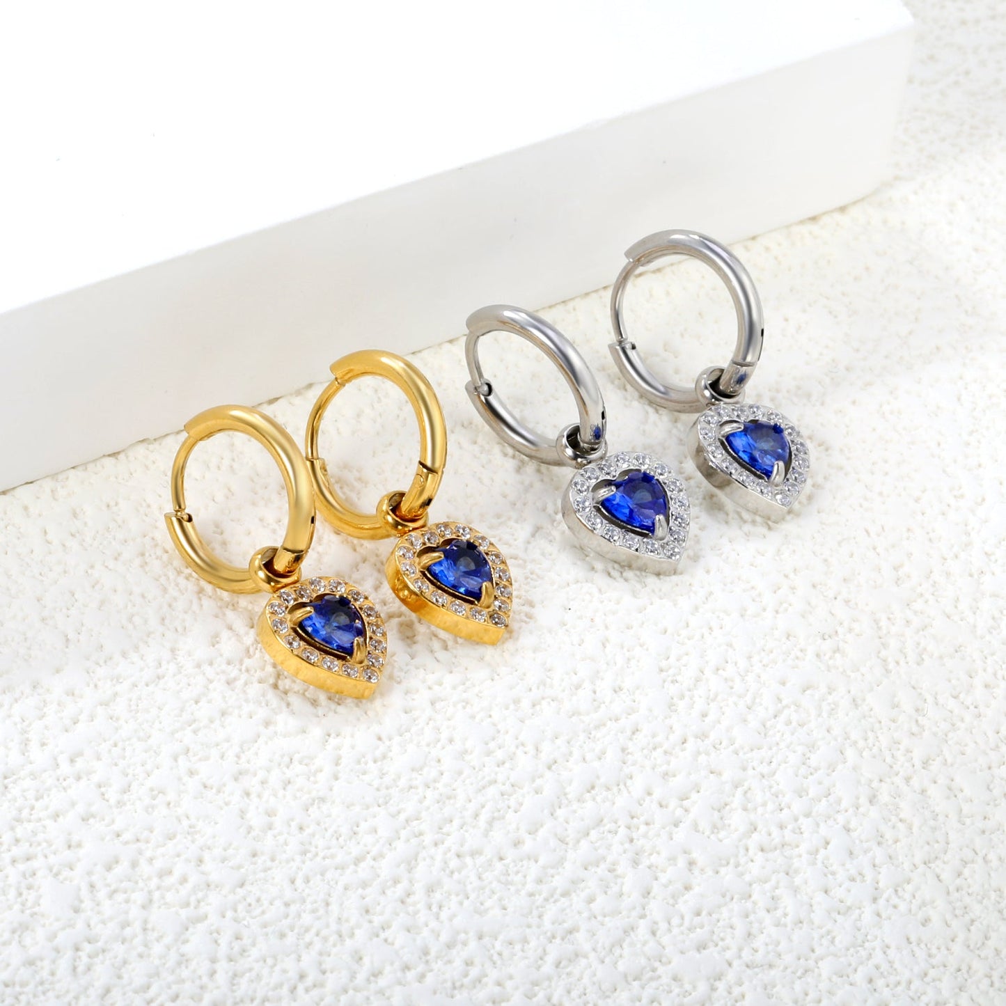 Wire 2*O.D. 14mm earrings + 9.6*10.2mm heart shaped sapphire blue glass with CNC drilling white zirconium hoops Earrings steel color/golden color asonjewelry