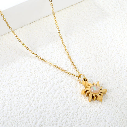 11.4*15.2mm Sun Sticky Imitation Opal Pendant 0.3 Cross Chain 40+5cm+6mm Round Plaque Necklace Golden asonjewelry