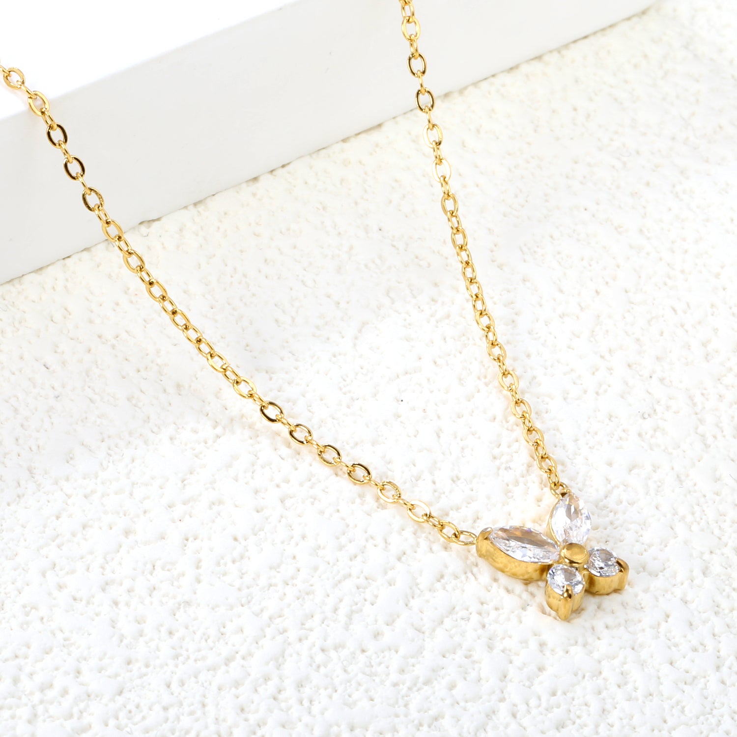 8.8*9.1mm Butterfly Sticky White Diamonds Pendant 0.35 Cross Necklace 45+5cm+6mm Round Plaque Necklace Steel/Gold Large Size 12mm White Diamonds asonjewelry