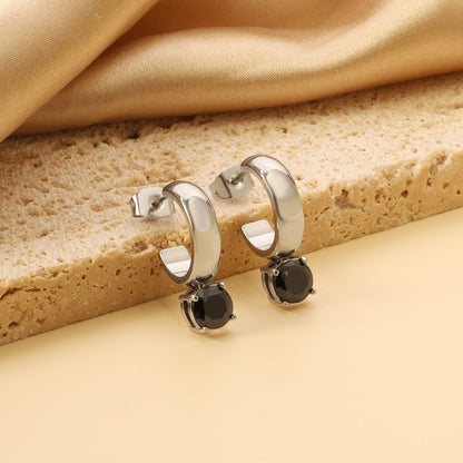 4.3*15mm C-shaped hoop with four scratches round white&black&purple&pink&green diamond stud earrings 6.2mm asonjewelry