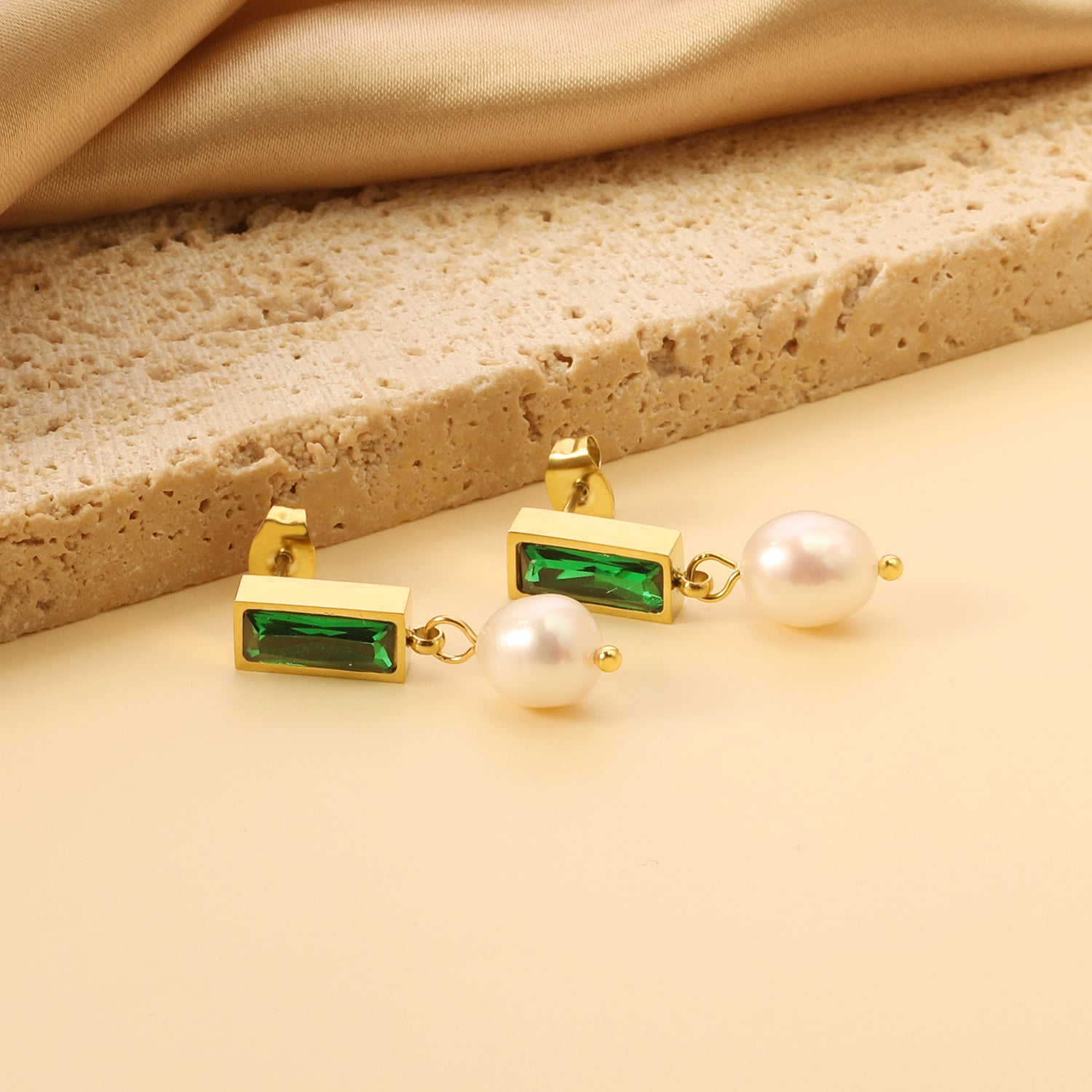 5.5*12mm rectangle with green diamonds + oval white pearl earrings 7.4*11.4mm asonjewelry