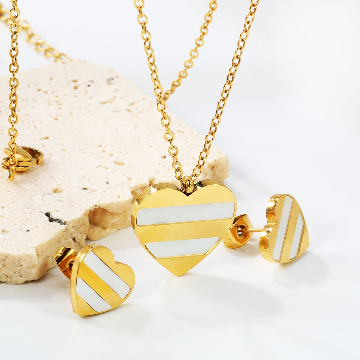 Heart Shape Sticky White Shell Set Steel/Gold Earrings:12*12mm Pendant:18*18mm 04Cross45+5cm+6mm Round Plaque asonjewelry