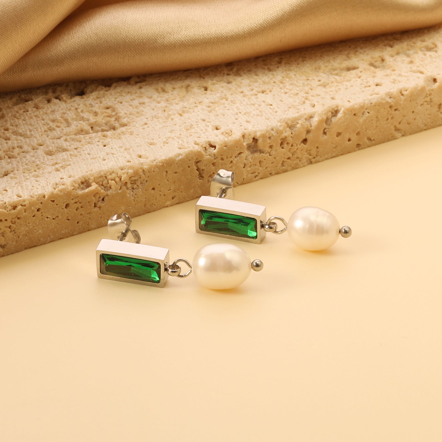 5.5*12mm rectangle with green diamonds + oval white pearl earrings 7.4*11.4mm asonjewelry