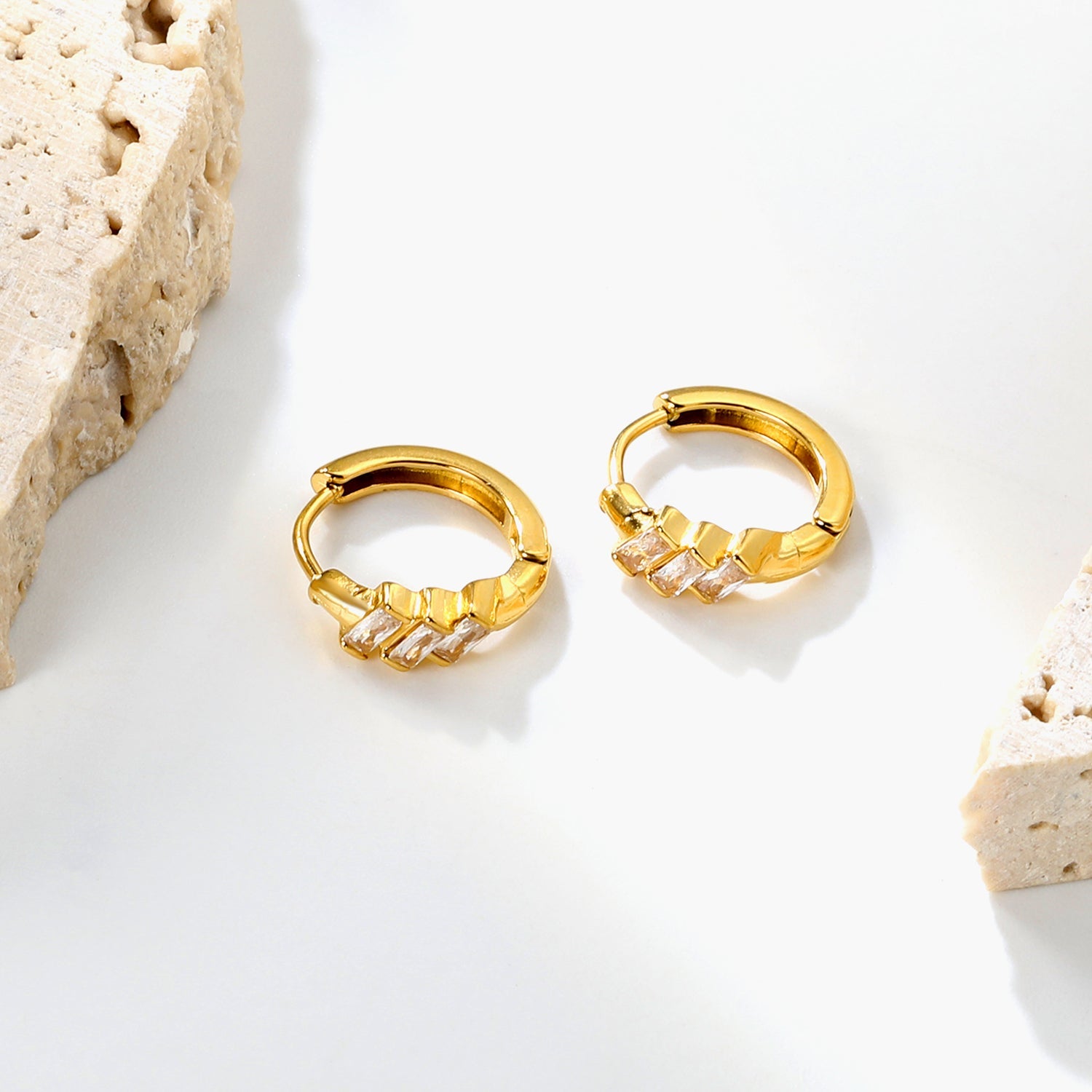 4.2 x 8mm three oblique square-shaped white zirconia earrings with 2.2 x 10mm inner diameter ear hooks, gold color asonjewelry