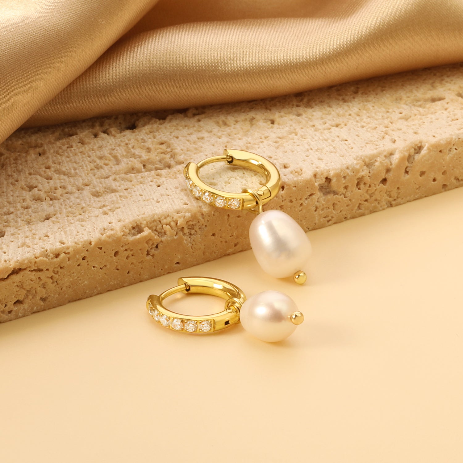 2.5x14mm circle with 6 white diamonds + oval white pearl stud earrings 8.3*13mm gold color asonjewelry