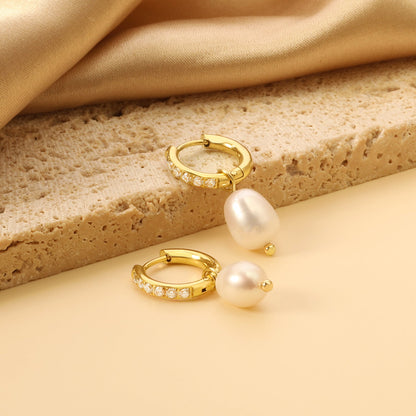 2.5x14mm circle with 6 white diamonds + oval white pearl stud earrings 8.3*13mm gold color asonjewelry