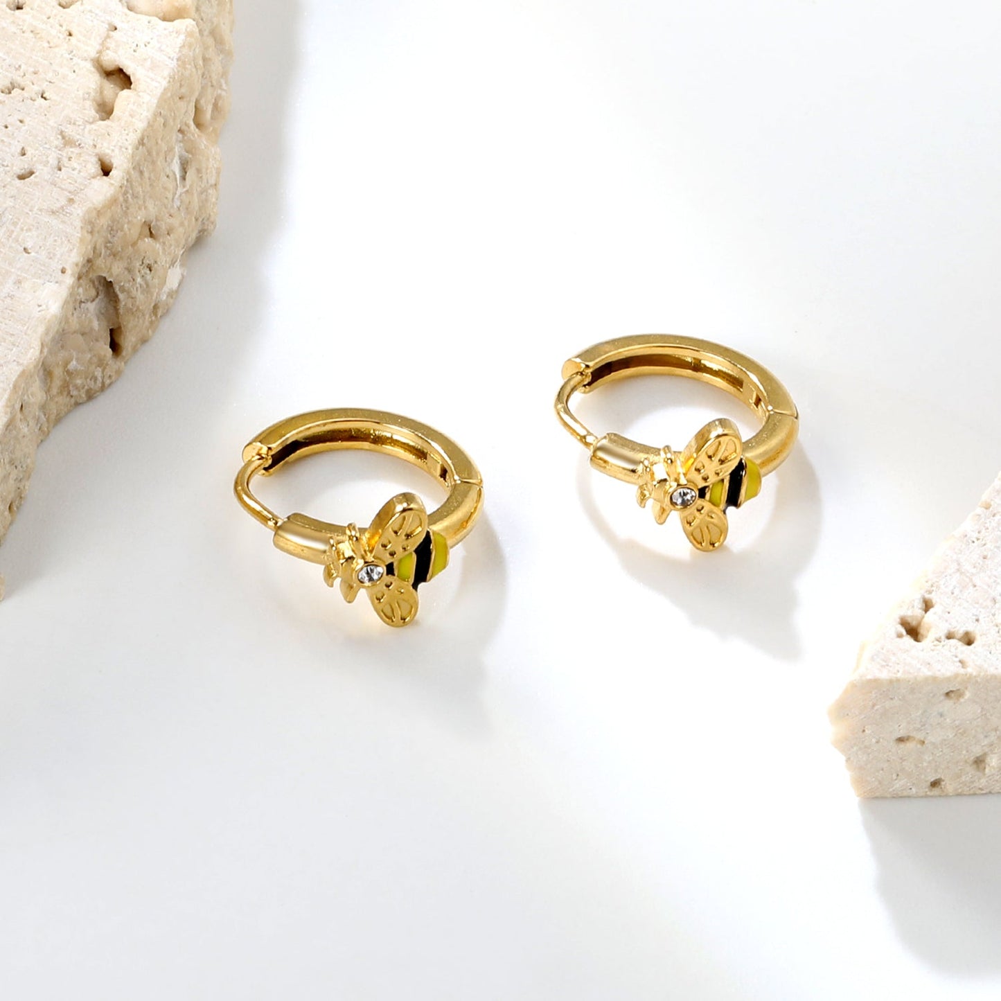 8 x 6.7mm Bee with White Czech Crystal Earring Hook 2.2 x Inner Diameter 10mm Earring Gold asonjewelry