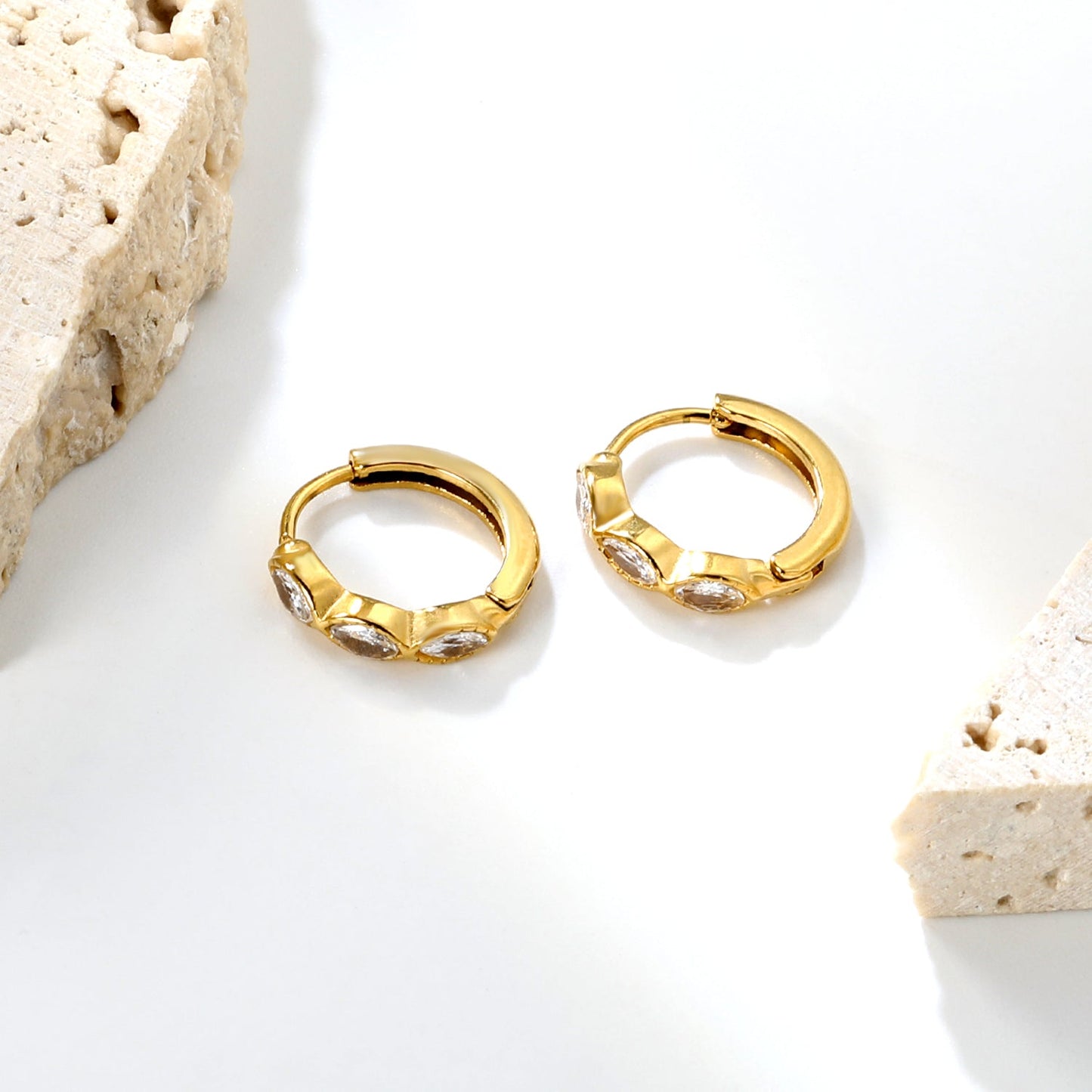 2.9 x 12mm three oval-shaped white zirconia earrings with 2.2 x 10mm inner diameter ear hooks, gold color asonjewelry