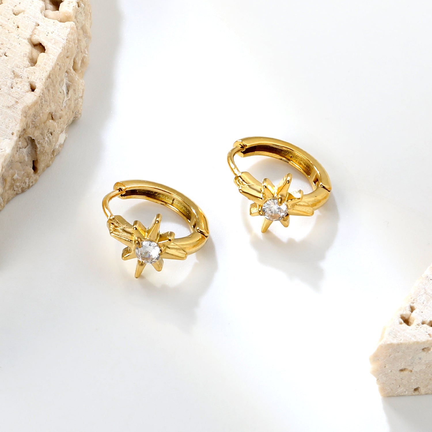 8.9 x 9.6mm eight-pointed star with white zirconia earring with 2.2mm earring post and 10mm inner diameter, gold-colored asonjewelry