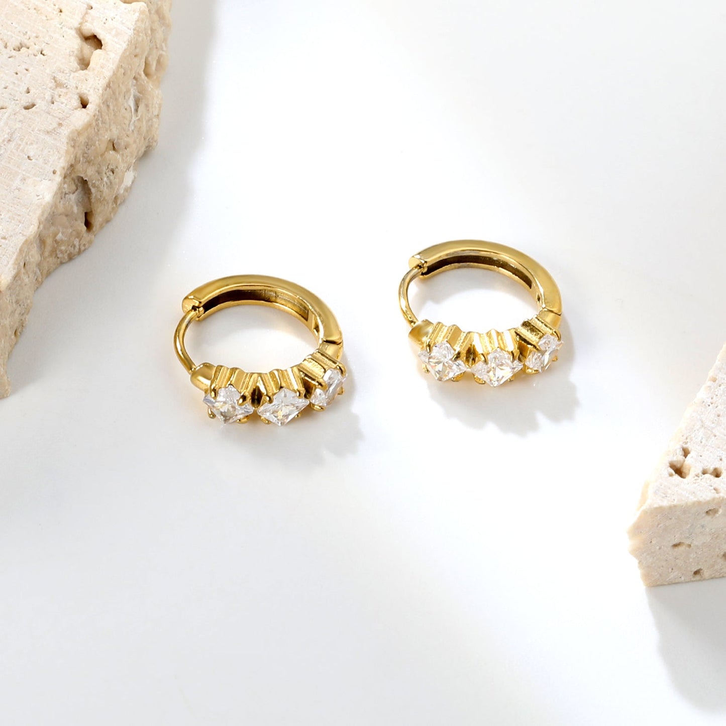 4.1 x 11.7mm three square white zirconia stud earrings with a 2.2mm post and a 10mm inner diameter, gold-colored asonjewelry