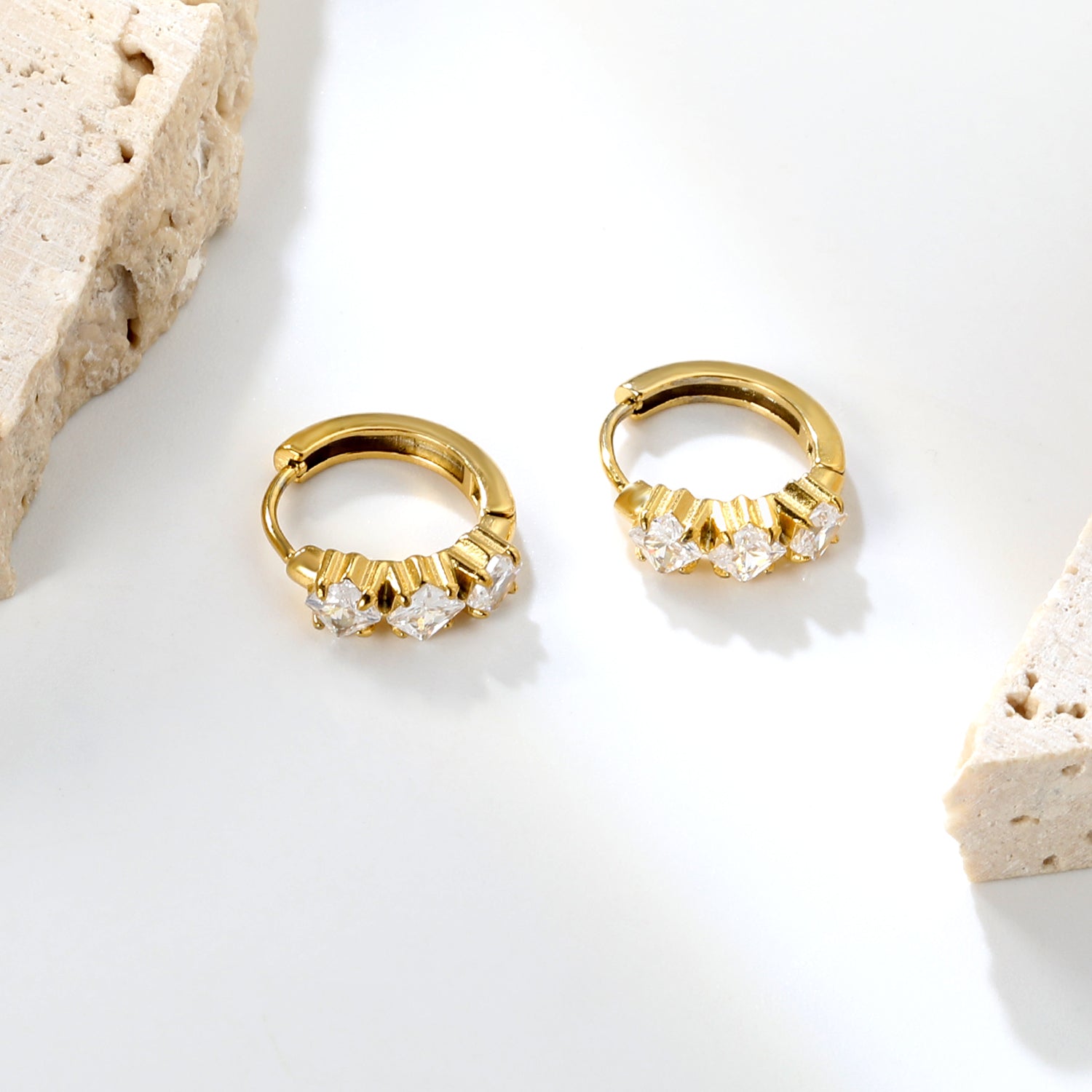4.1 x 11.7mm three square white zirconia stud earrings with a 2.2mm post and a 10mm inner diameter, gold-colored asonjewelry