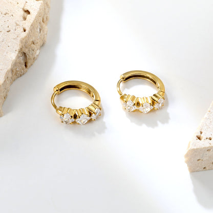 4.1 x 11.7mm three square white zirconia stud earrings with a 2.2mm post and a 10mm inner diameter, gold-colored asonjewelry