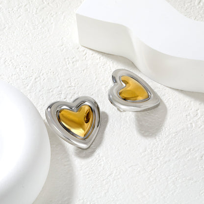 27mm*30.5mm Two-Tone Heart Stud Earrings, Two-Tone Gold asonjewelry