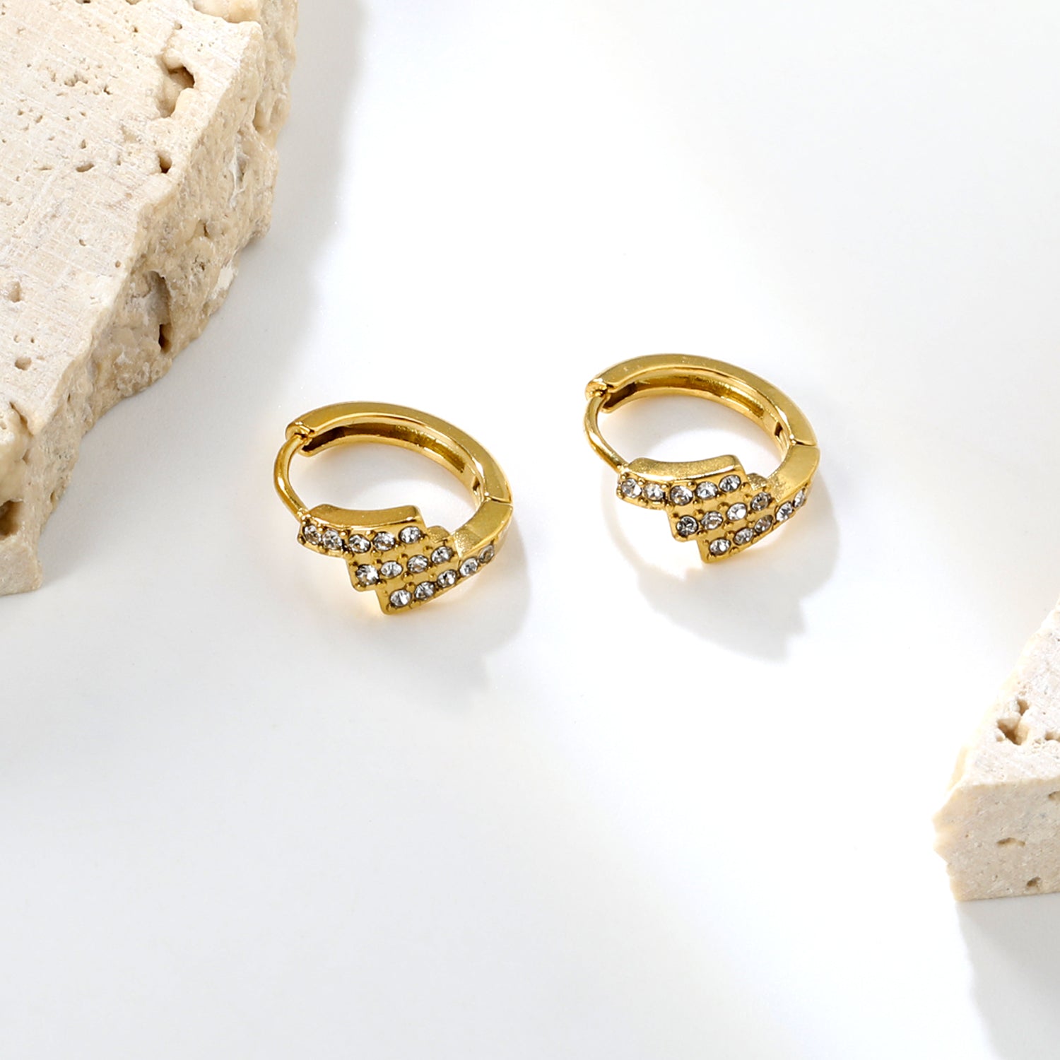 6.4 x 10.9mm diagonal rectangular white zirconia stud earrings with 2.2mm post and 10mm inner diameter, gold-plated asonjewelry