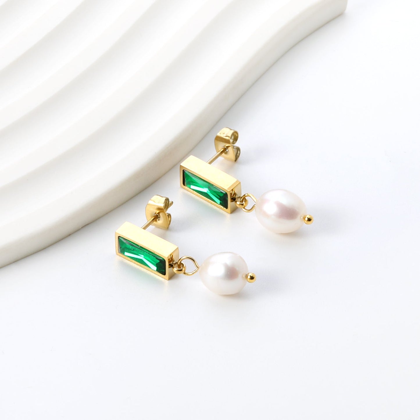 5.5*12mm rectangle with green diamonds + oval white pearl earrings 7.4*11.4mm asonjewelry