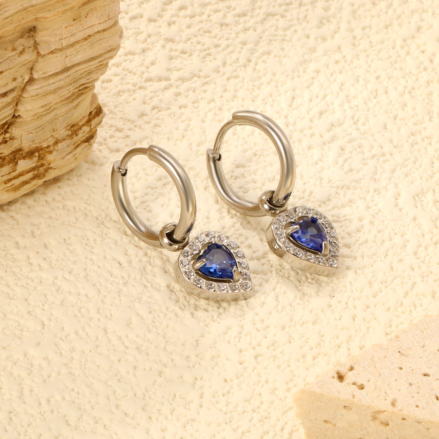 Wire 2*O.D. 14mm earrings + 9.6*10.2mm heart shaped sapphire blue glass with CNC drilling white zirconium hoops Earrings steel color/golden color asonjewelry
