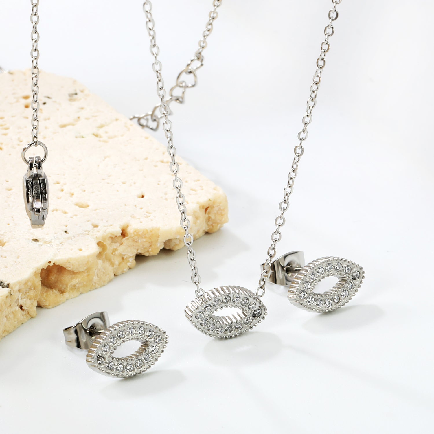 Eye CNC white zirconium accessories Set Steel color / gold 0.3 cross 40+5+6mm round plate Pendant: 11.4*7mm Earring: 11.4*7mm asonjewelry