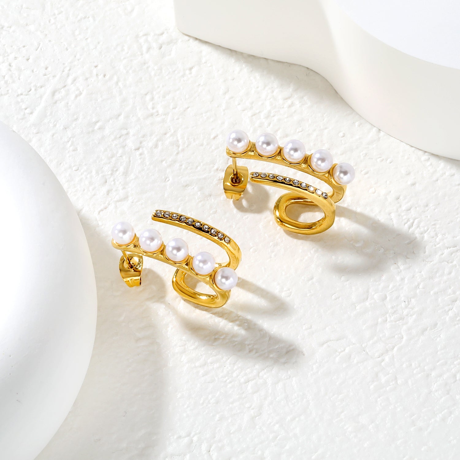 10.5*22mm French Openwork White Imitation Pearl + White Diamond Stud Earrings, Gold asonjewelry