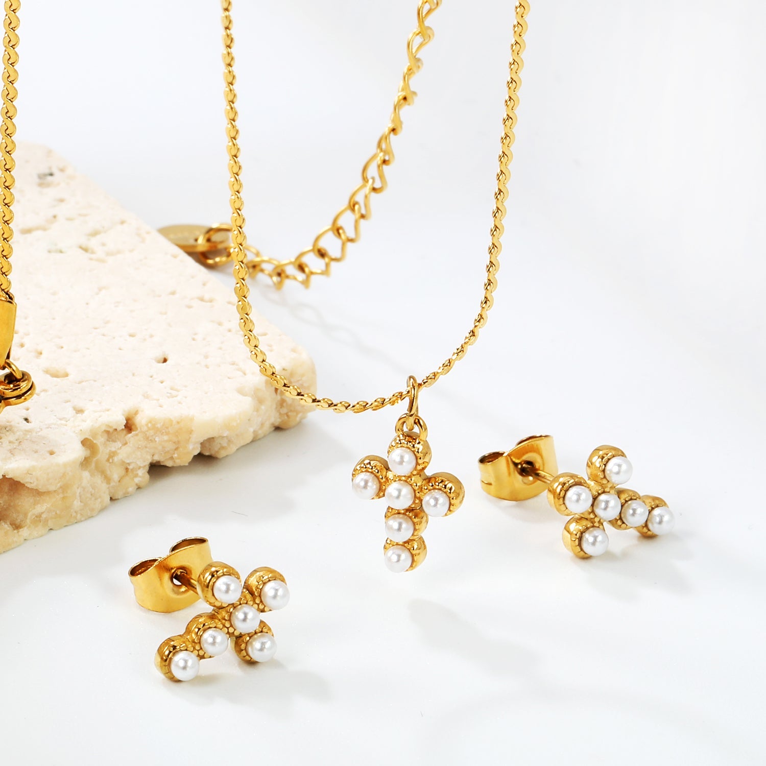 Cross stick imitation white pearl accessories set Gold color Width 1mm S chain 40+5+6mm round plate Pendant: 8.4*11mm Earrings: 8.4*11mm asonjewelry