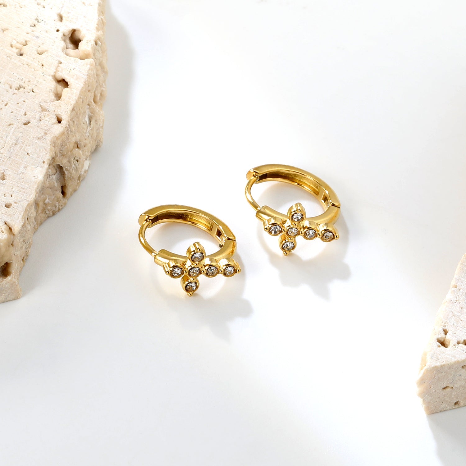 8x10.2mm cross-shaped imitation white Czech diamond earring with a 2.2mm post and a 10mm inner diameter, gold color asonjewelry