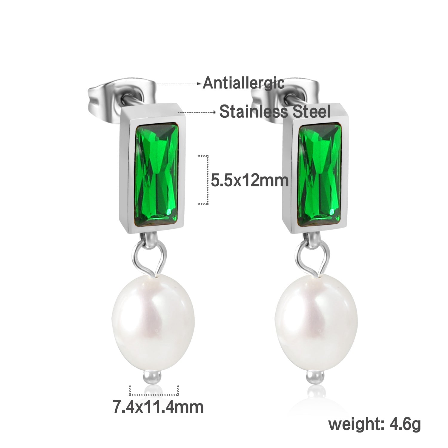 5.5*12mm rectangle with green diamonds + oval white pearl earrings 7.4*11.4mm asonjewelry