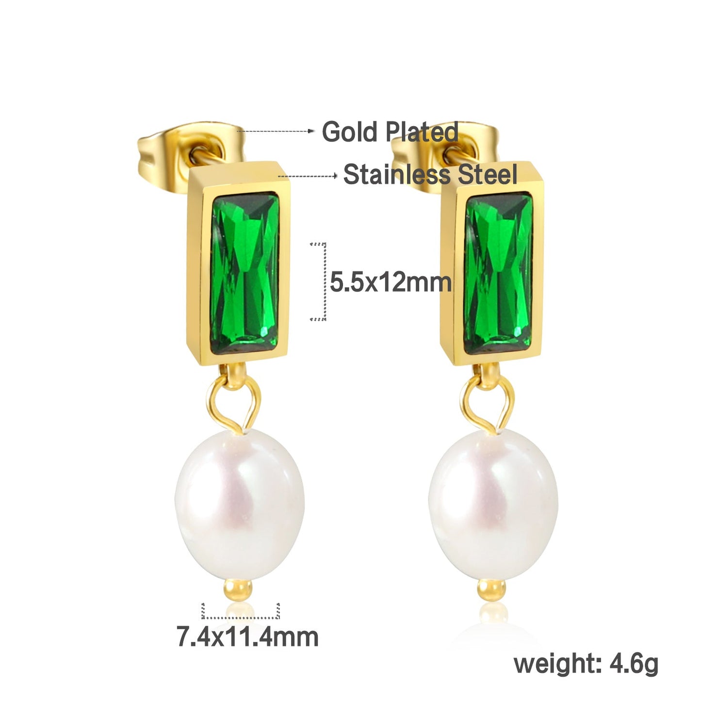 5.5*12mm rectangle with green diamonds + oval white pearl earrings 7.4*11.4mm asonjewelry