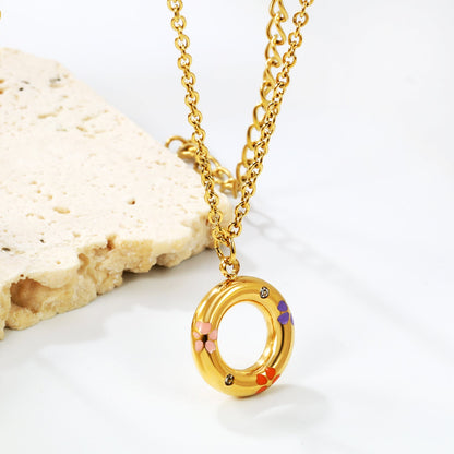 13mm circle with mixed color flower oil drop pendant necklace 40+5cm+Golden asonjewelry