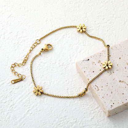 3mm*8 steel beads + 7.8mm*3 seven-petal flower chain 1.2mm box chain*22 + 5cm + 3*10mm square tag Gold asonjewelry