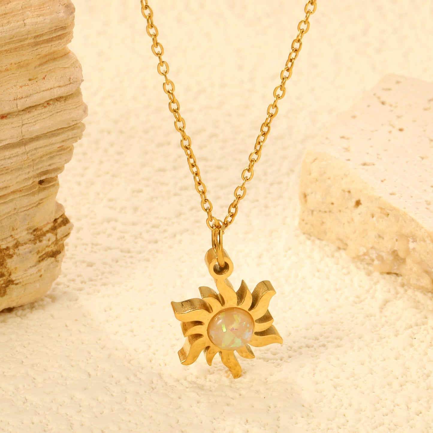 11.4*15.2mm Sun Sticky Imitation Opal Pendant 0.3 Cross Chain 40+5cm+6mm Round Plaque Necklace Golden asonjewelry