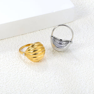 18K Gold Plated Stainless Steel Vertical Striped Arch Ring - Pearl Accented Elegant Jewelry